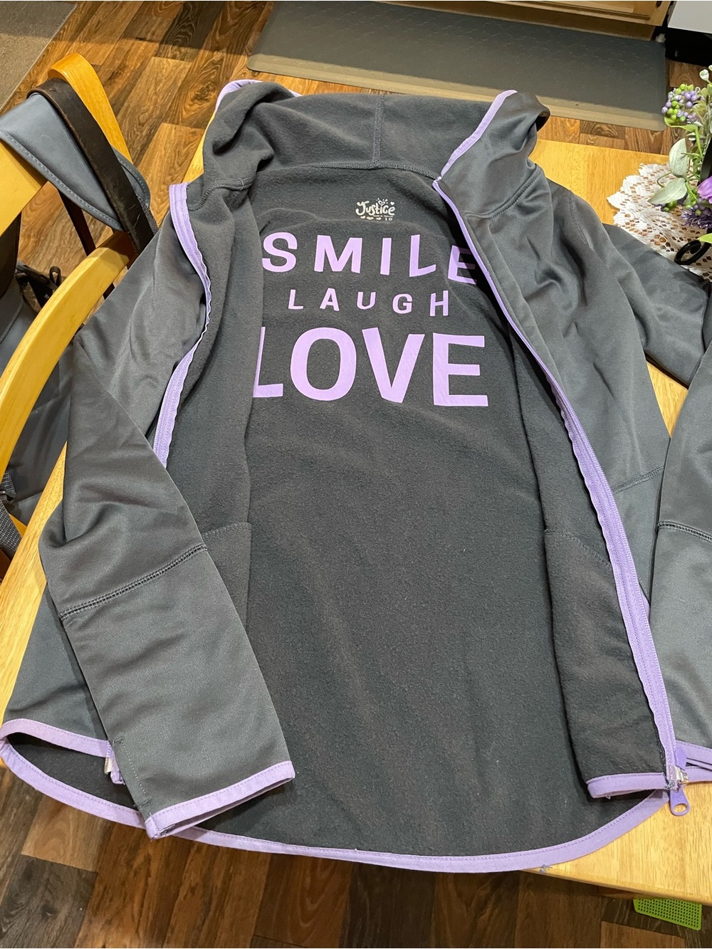 Justice Black Jacket with Purple Trim & 'SMILE LAUGH LOVE' Graphic